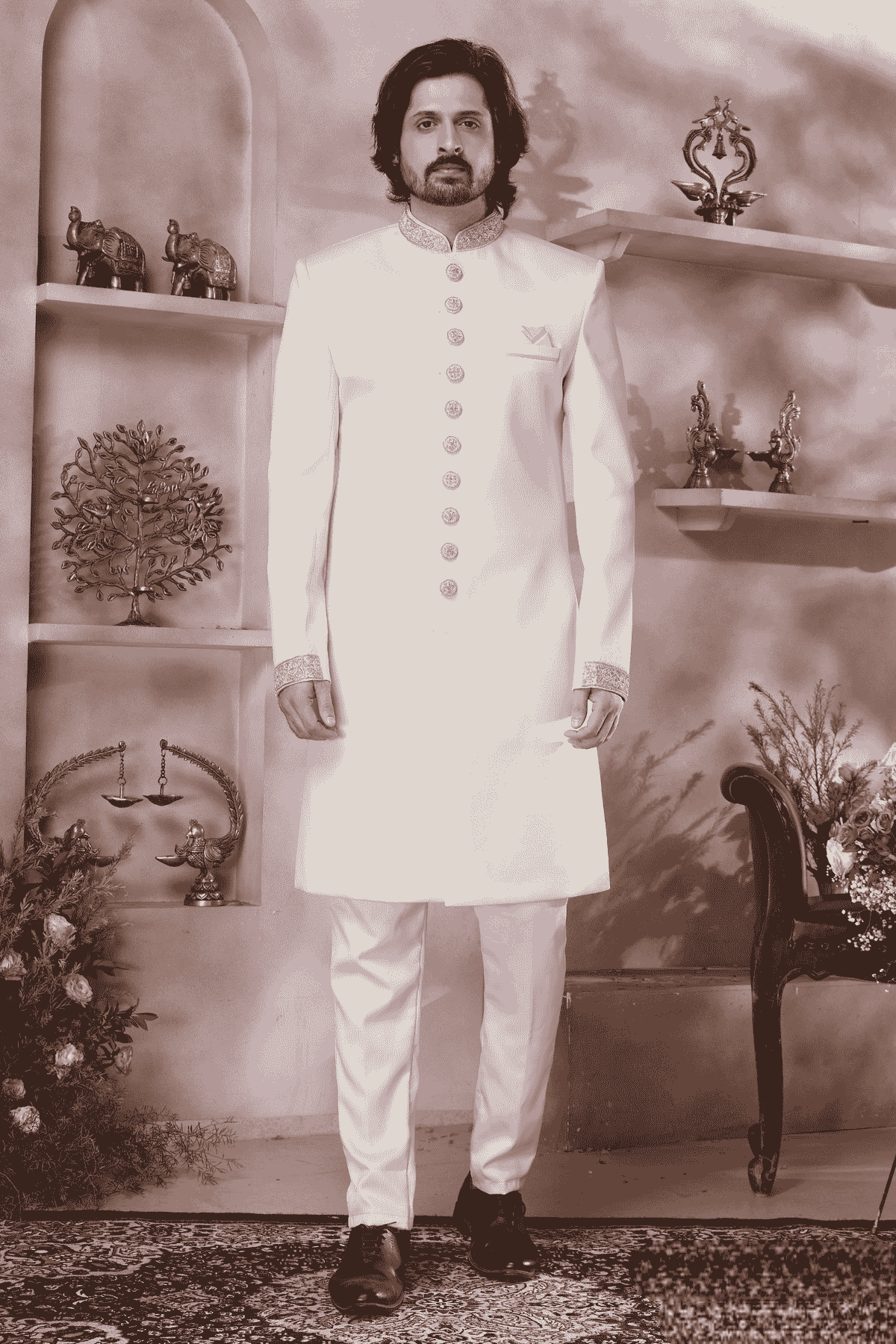 Cream Colour Imported Embroidery Work Sherwani