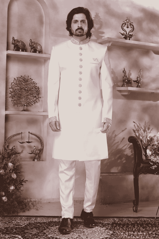 Cream Colour Imported Embroidery Work Sherwani