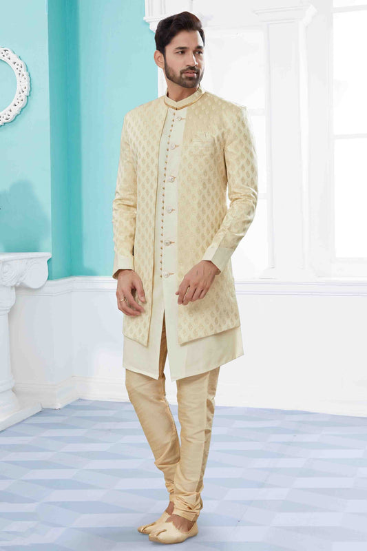 Cream Colour Indo Western In Banarasi Jacquard Fabric SH1040426