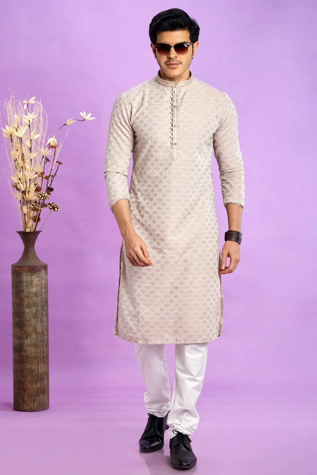 Cream Colour Jacquard Art Silk Pintex Work Kurta Pajama KP1230204 A