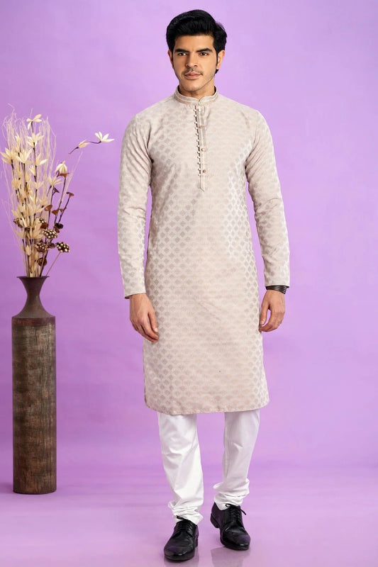 Cream Colour Jacquard Art Silk Pintex Work Kurta Pajama KP1230204