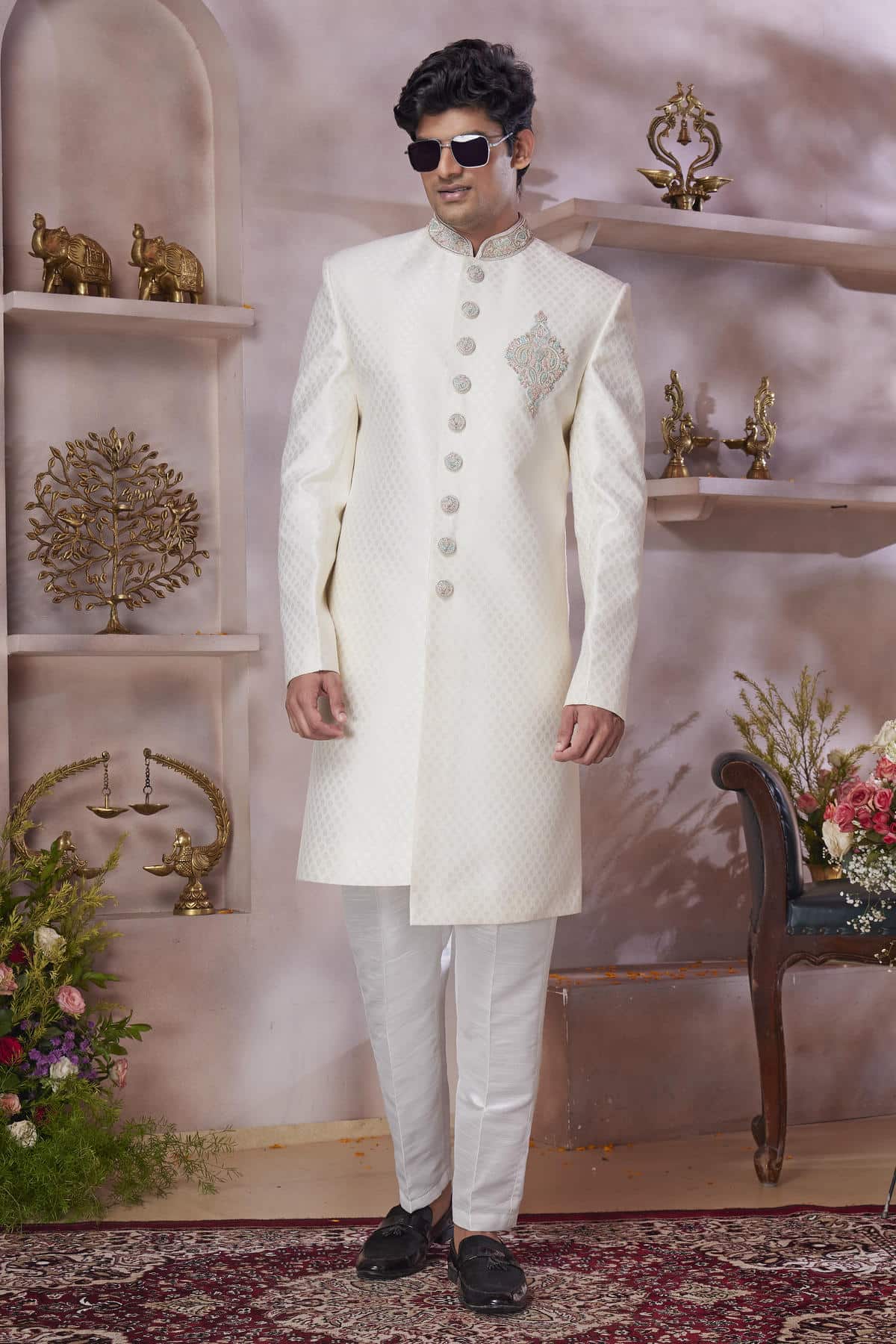 Cream Colour Jacquard Banarasi Silk Embroidery Work Sherwani