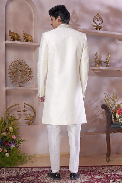 Cream Colour Jacquard Banarasi Silk Embroidery Work Sherwani