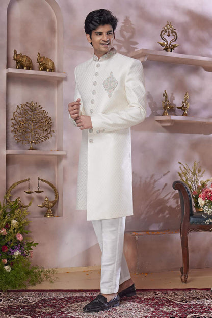 Cream Colour Jacquard Banarasi Silk Embroidery Work Sherwani