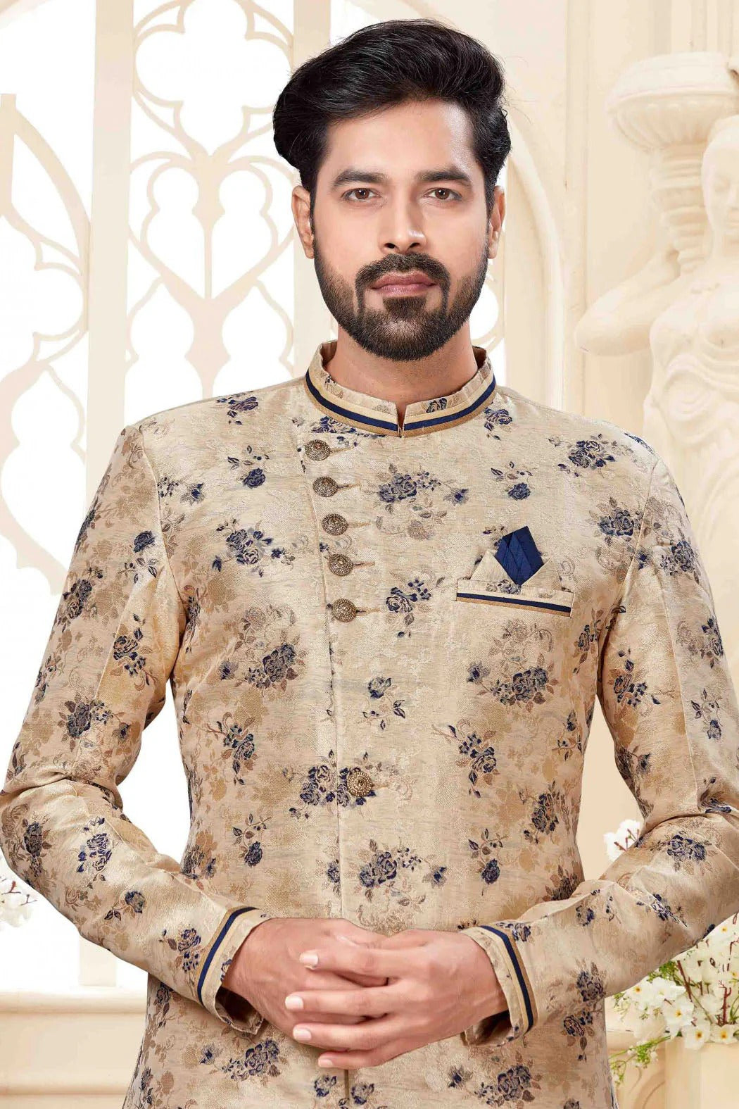 Cream Colour Jacquard Dhoti Sherwani SH1040240 A