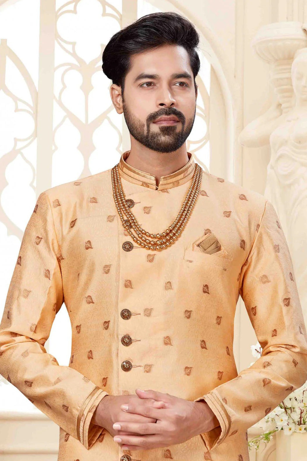 Cream Colour Jacquard Dhoti Sherwani SH1040245 A