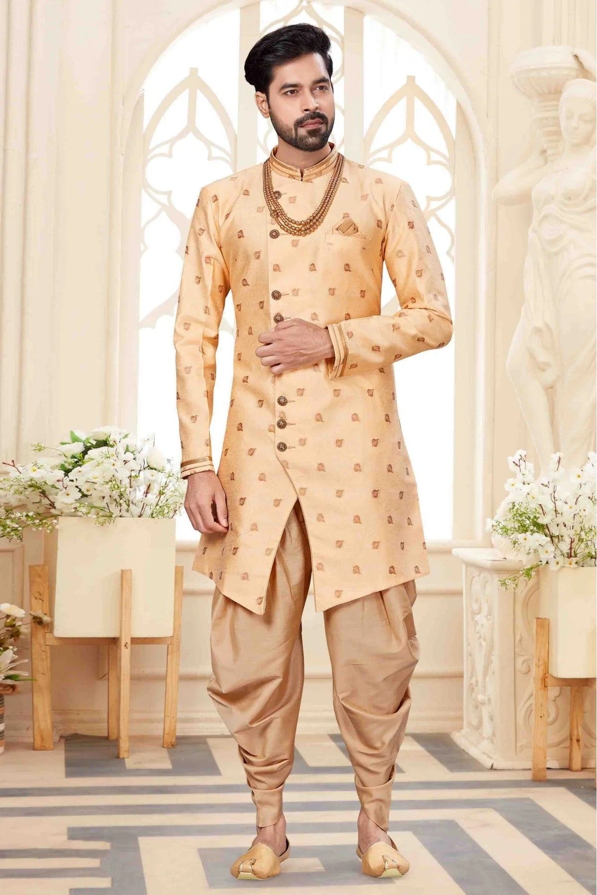 Cream Colour Jacquard Dhoti Sherwani SH1040245
