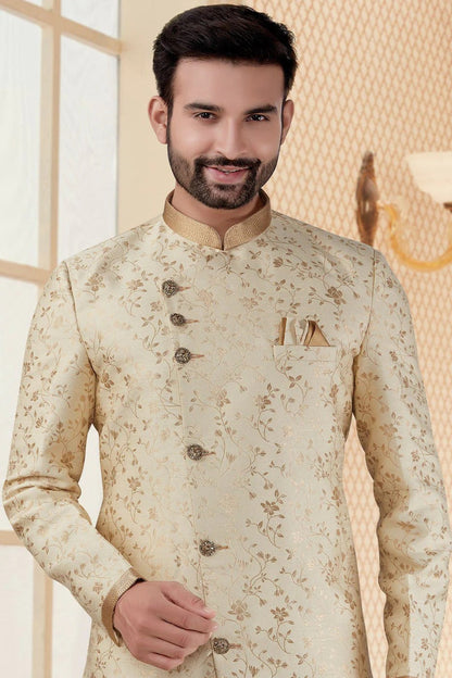 Cream Colour Jacquard Dhoti Sherwani SH1040260 A