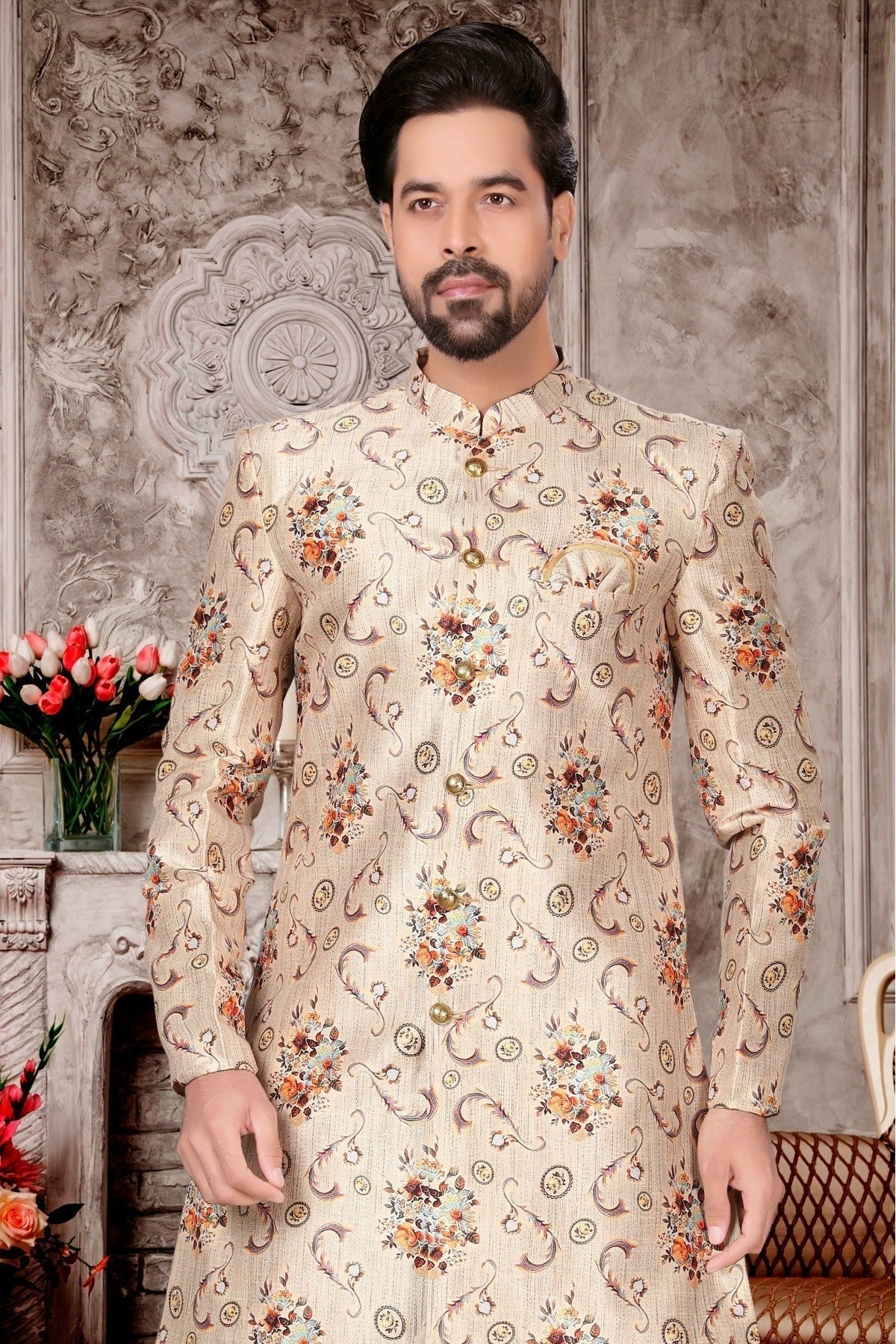 Cream Colour Jacquard Dhoti Sherwani SH1040289 A