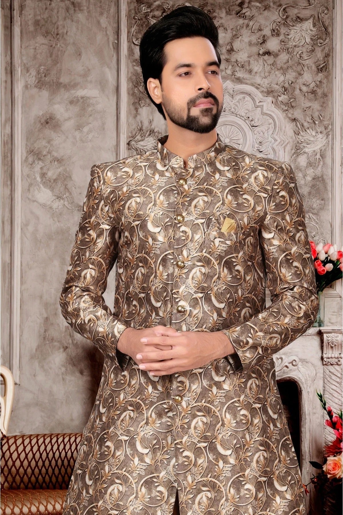 Cream Colour Jacquard Dhoti Sherwani SH1040292 A