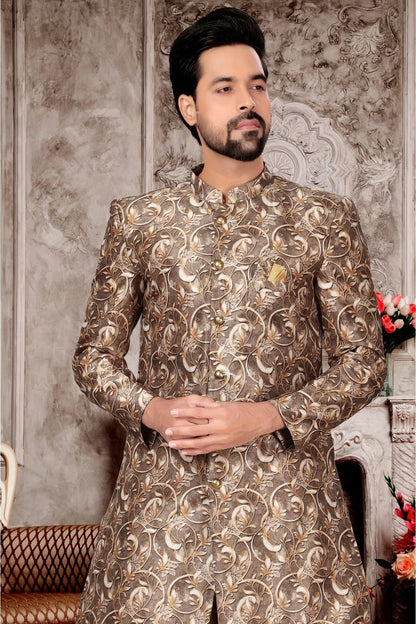 Cream Colour Jacquard Dhoti Sherwani SH1040292 A