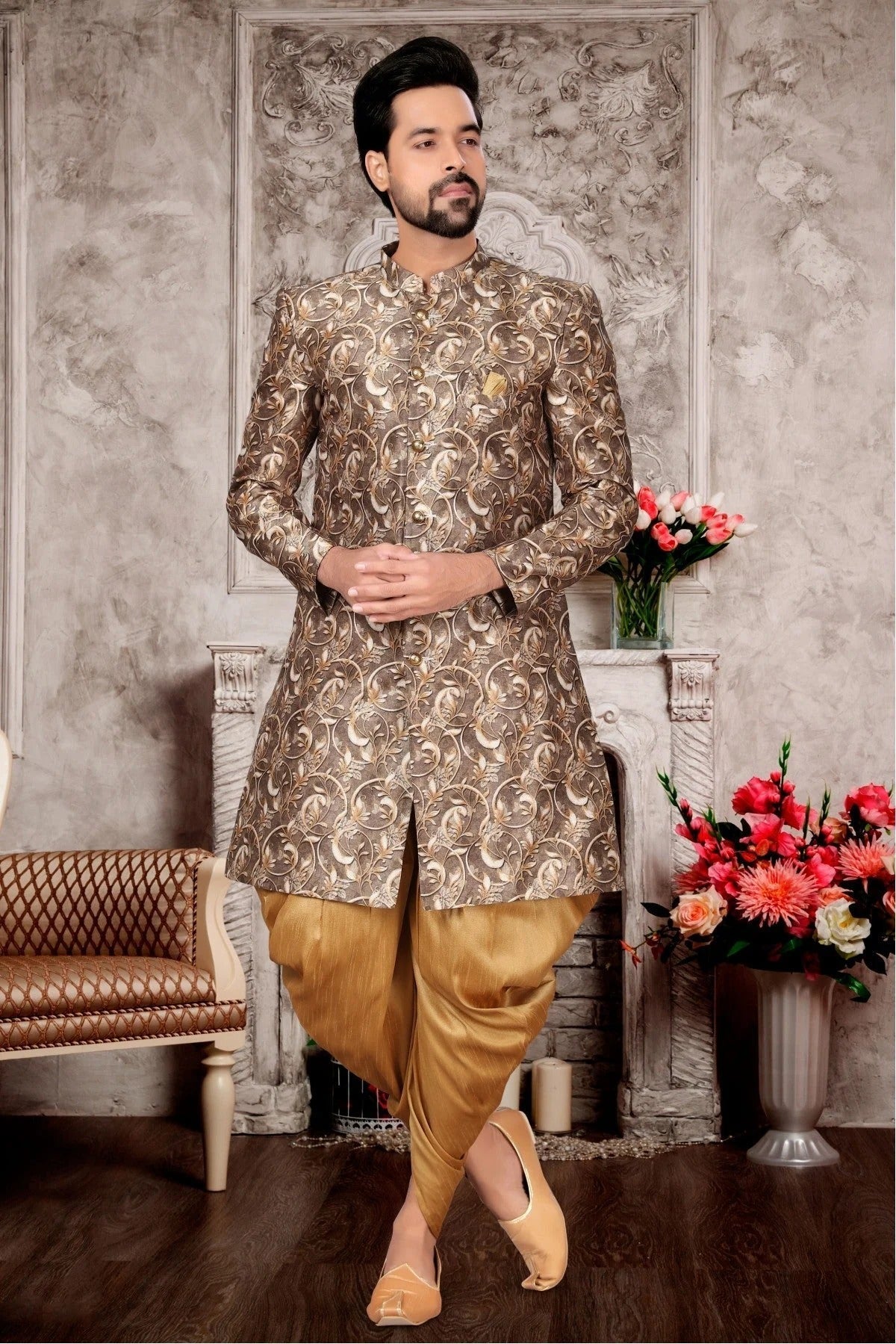 Cream Colour Jacquard Dhoti Sherwani SH1040292