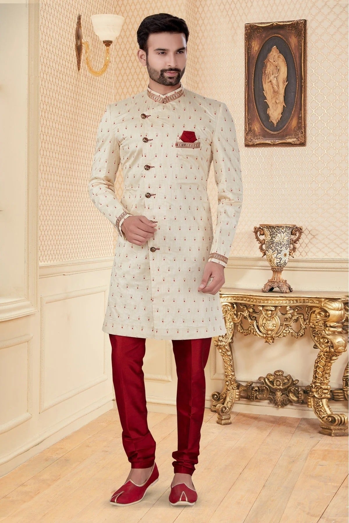 Cream Colour Jacquard Sherwani SH1040272