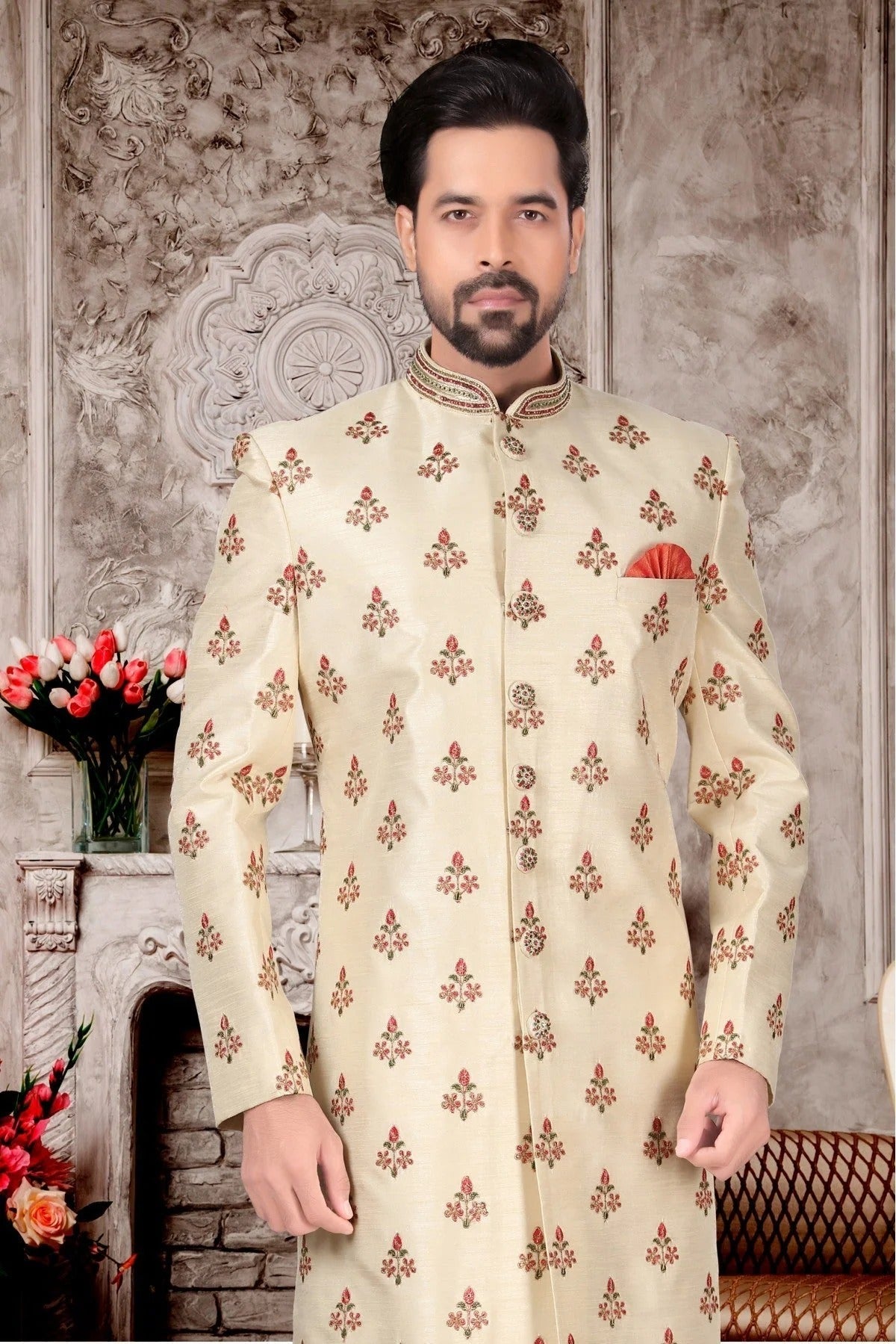 Cream Colour Jacquard Sherwani SH1040279 A