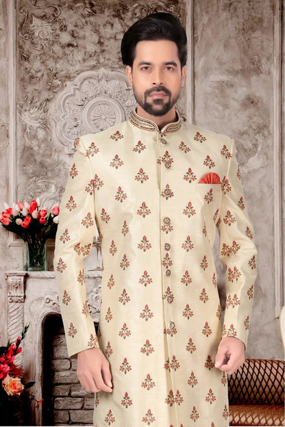 Cream Colour Jacquard Sherwani SH1040279 A