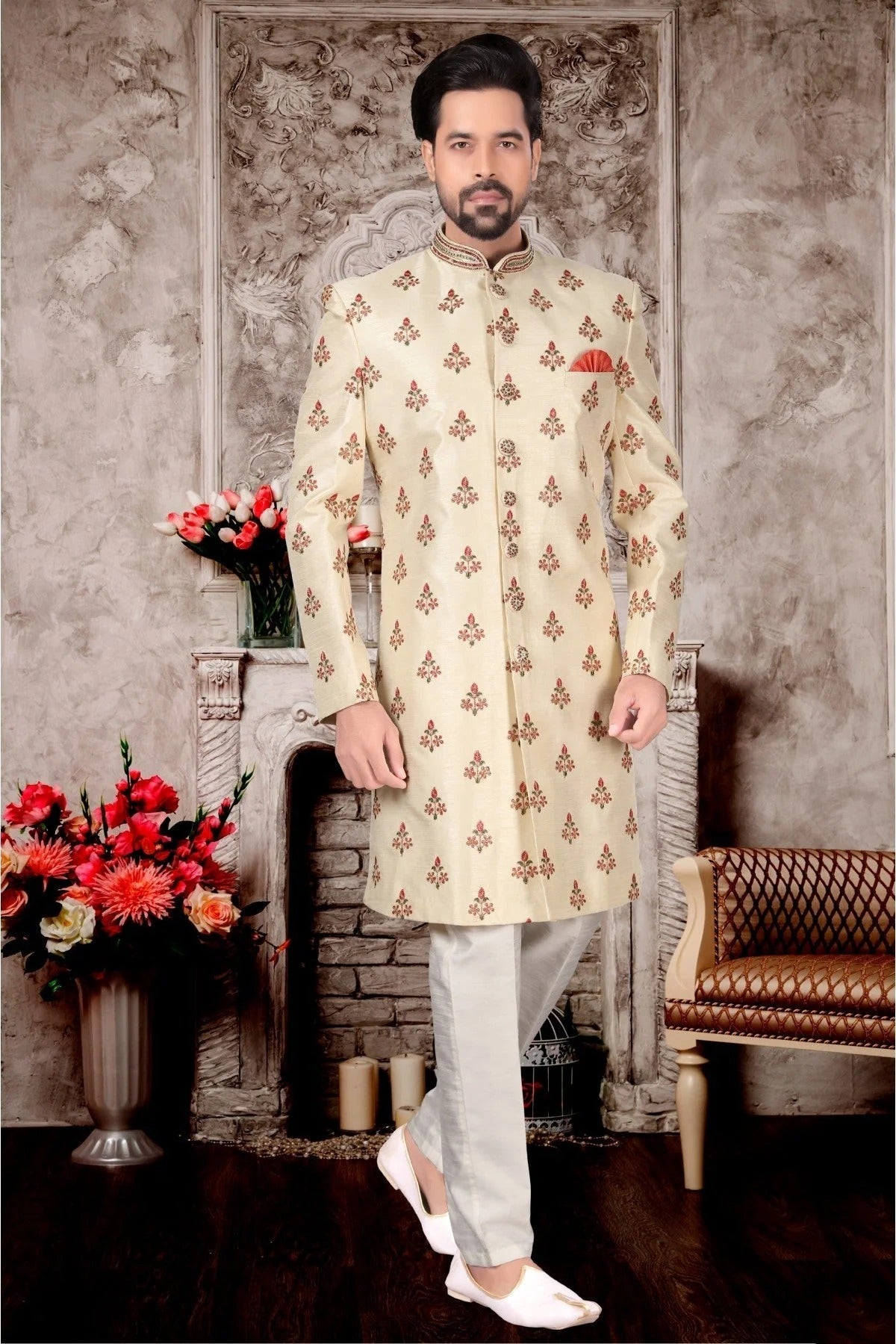Cream Colour Jacquard Sherwani SH1040279