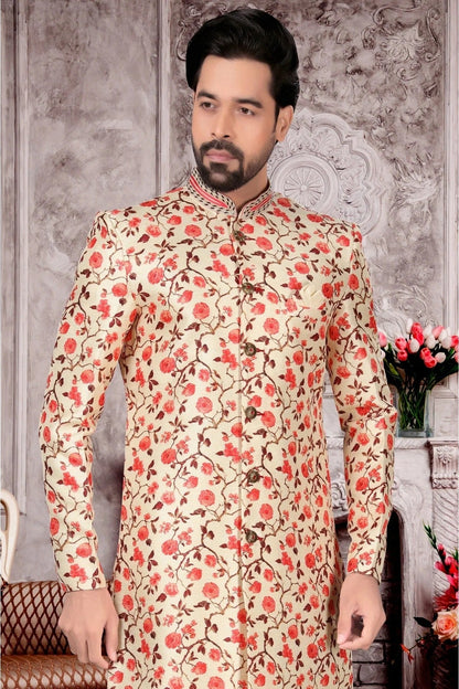 Cream Colour Jacquard Sherwani SH1040300 A