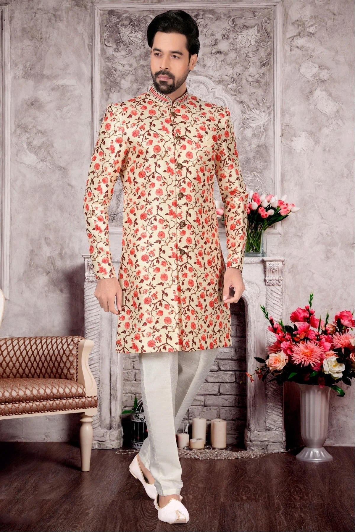 Cream Colour Jacquard Sherwani SH1040300