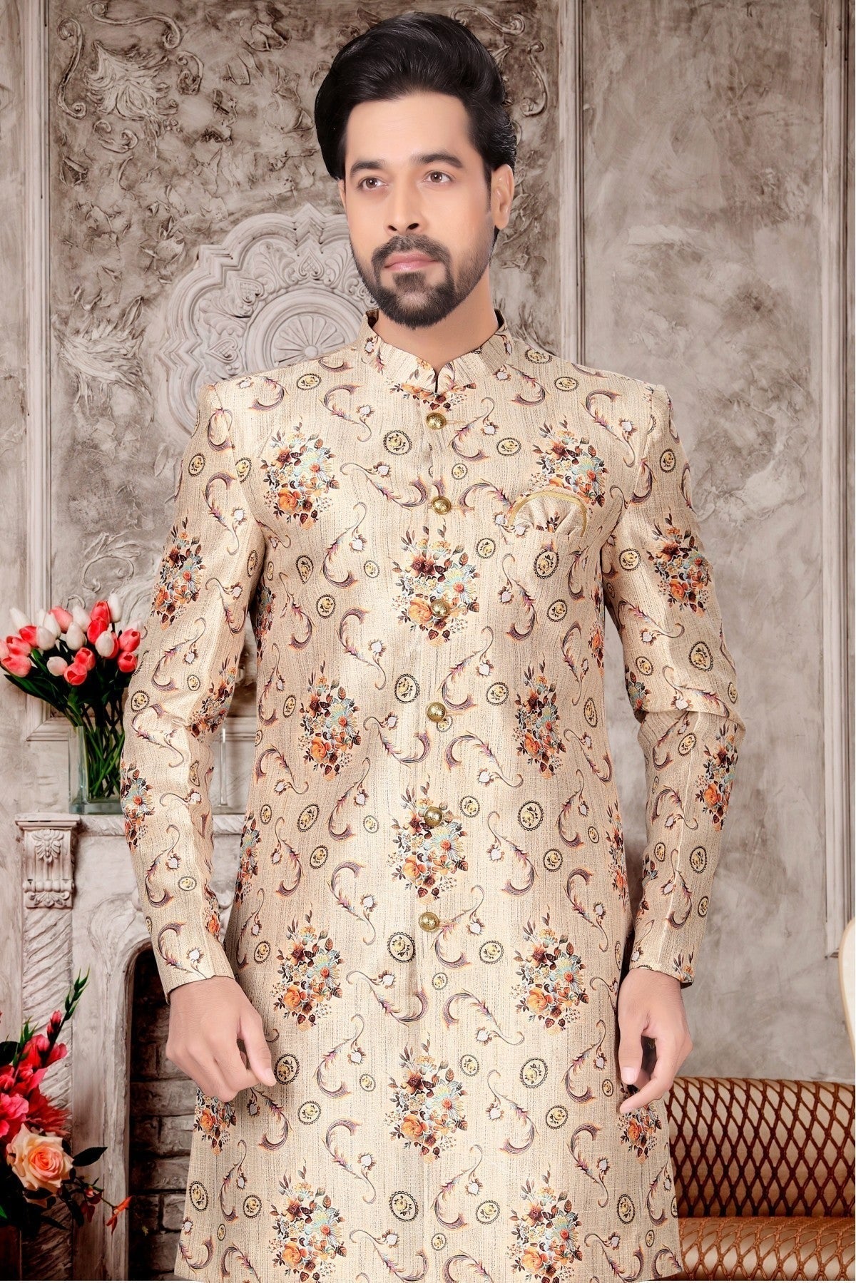 Cream Colour Jacquard Sherwani SH1040311 A