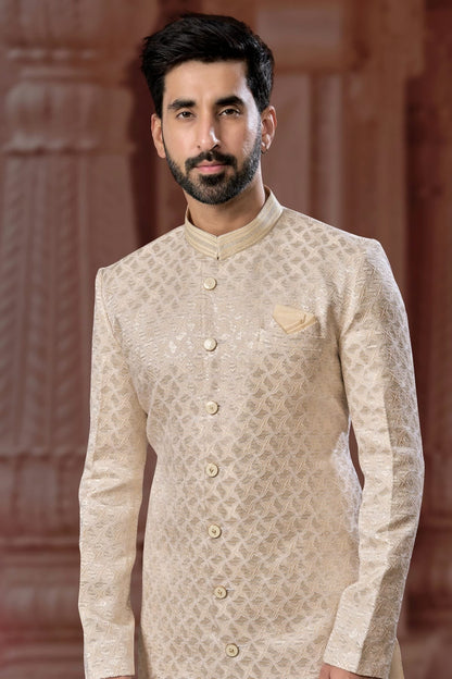 Cream Colour Jacquard Sherwani SH1040550 A
