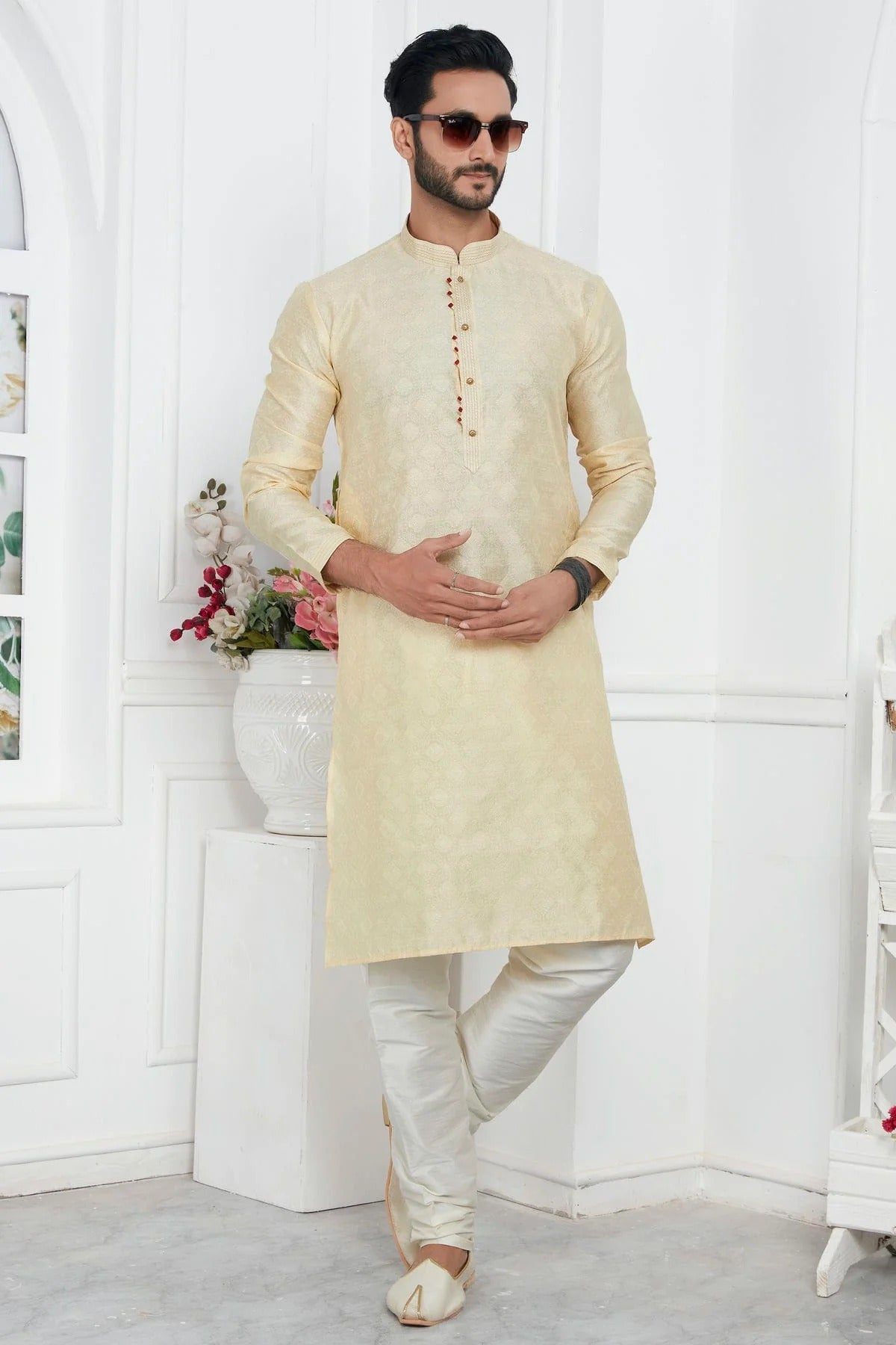 Cream Colour Jacquard Silk Brocade Kurta Pajama KP1230224 A
