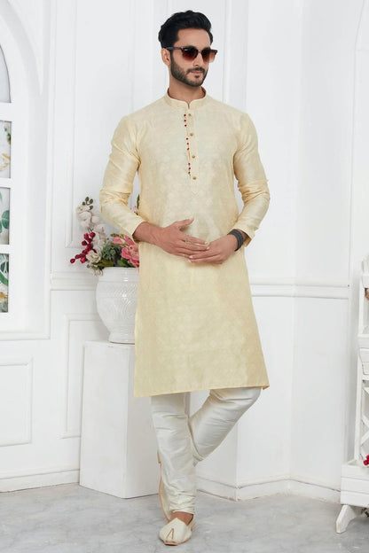 Cream Colour Jacquard Silk Brocade Kurta Pajama KP1230224 A