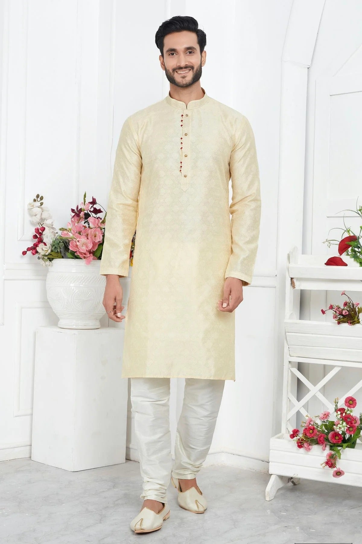 Cream Colour Jacquard Silk Brocade Kurta Pajama KP1230224