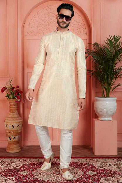 Cream Colour Jacquard Silk Brocade Kurta Pajama KP1230226 A