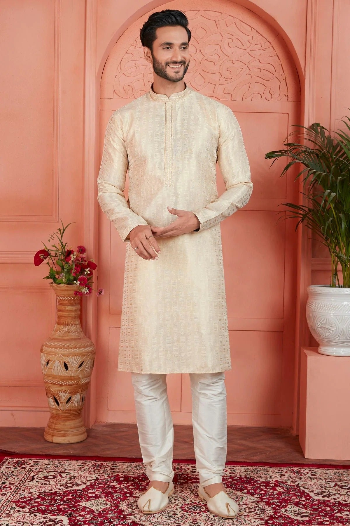 Cream Colour Jacquard Silk Brocade Kurta Pajama KP1230226