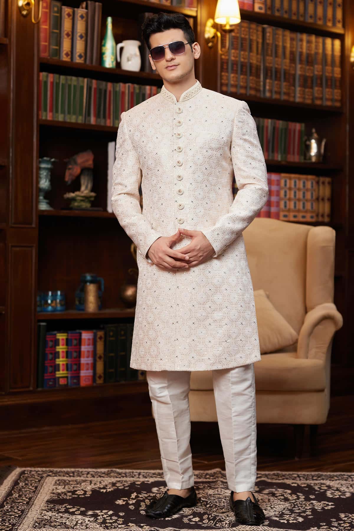 Cream Colour Jacquard Silk Embroidery Work Indo Western