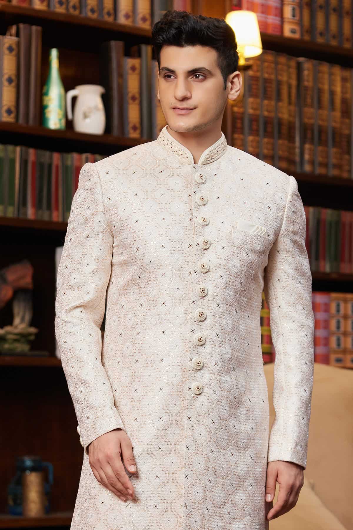 Cream Colour Jacquard Silk Embroidery Work Indo Western