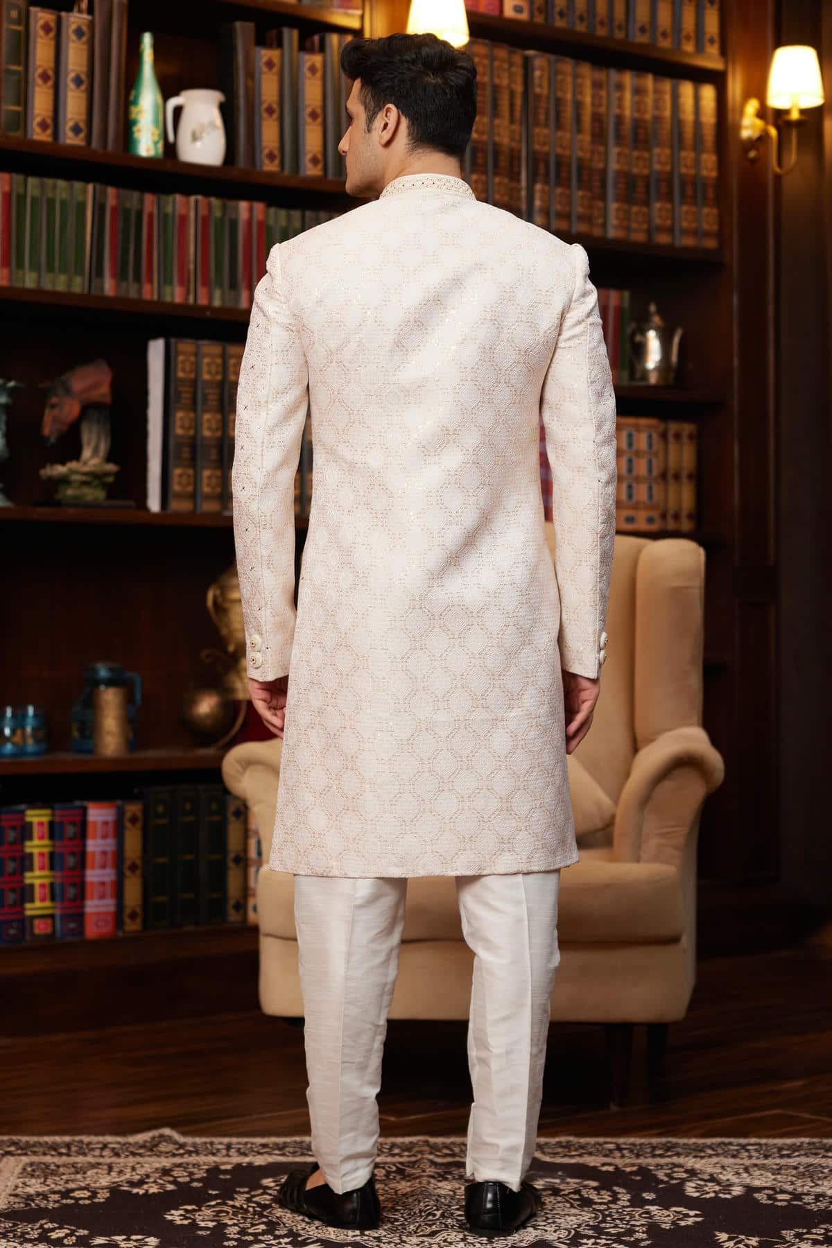Cream Colour Jacquard Silk Embroidery Work Indo Western