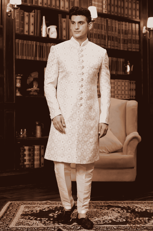 Cream Colour Jacquard Silk Embroidery Work Indo Western