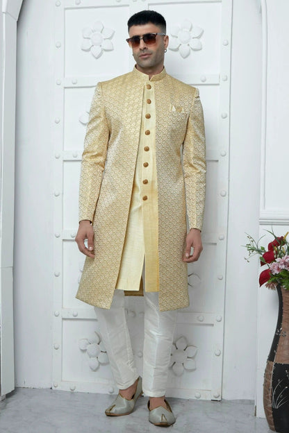 Cream Colour Jacquard Silk Indowestern Sherwani With Aligadhi Pant SH1230042 A