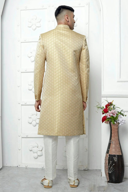 Cream Colour Jacquard Silk Indowestern Sherwani With Aligadhi Pant SH1230042 B