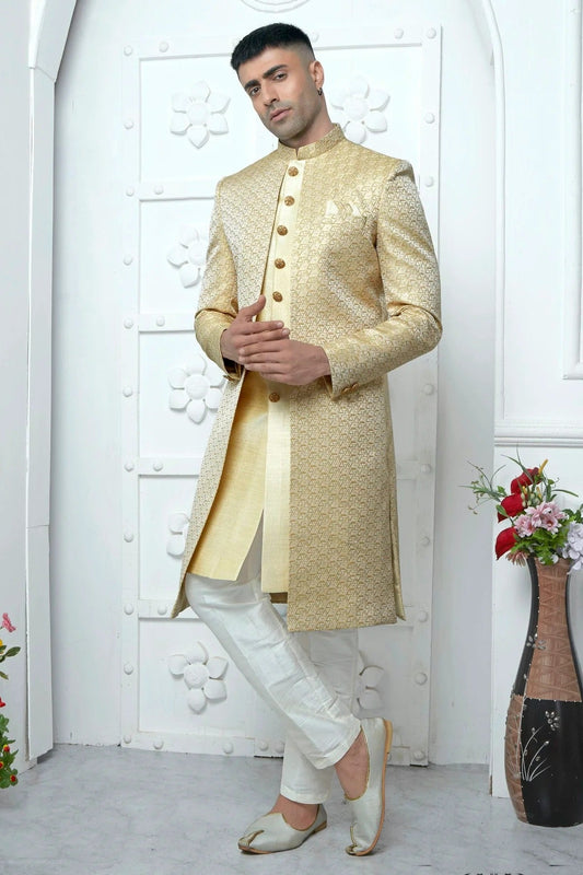 Cream Colour Jacquard Silk Indowestern Sherwani With Aligadhi Pant SH1230042