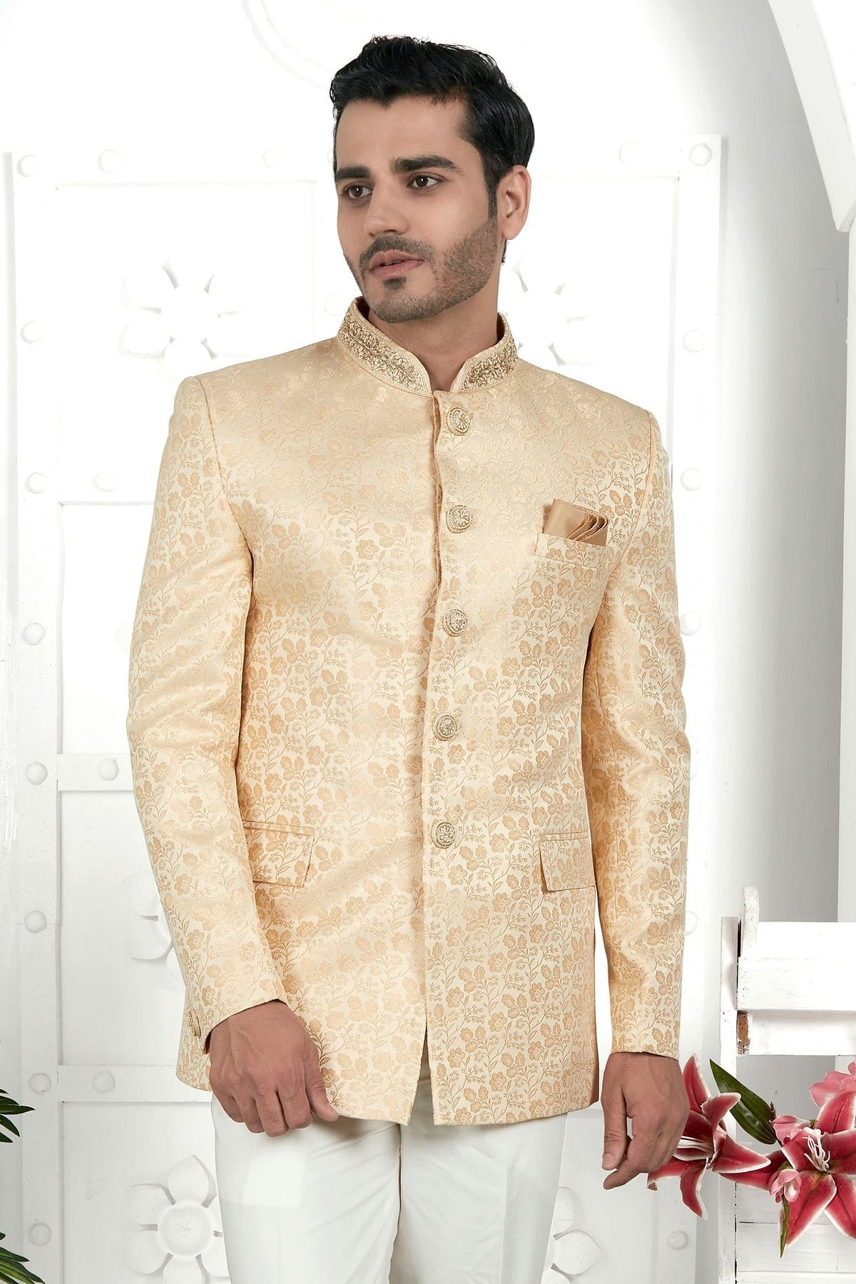 Cream Colour Jacquard Silk Jodhpuri Jacket JP1230104 A