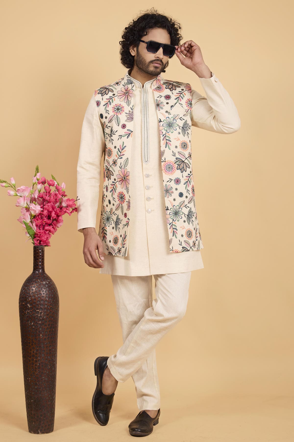 Cream Colour Khadi Art Silk Pintux Work Kurta Pajama With Jacket