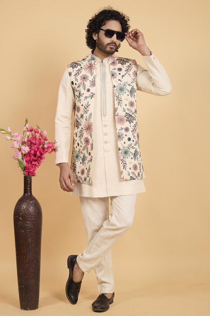 Cream Colour Khadi Art Silk Pintux Work Kurta Pajama With Jacket