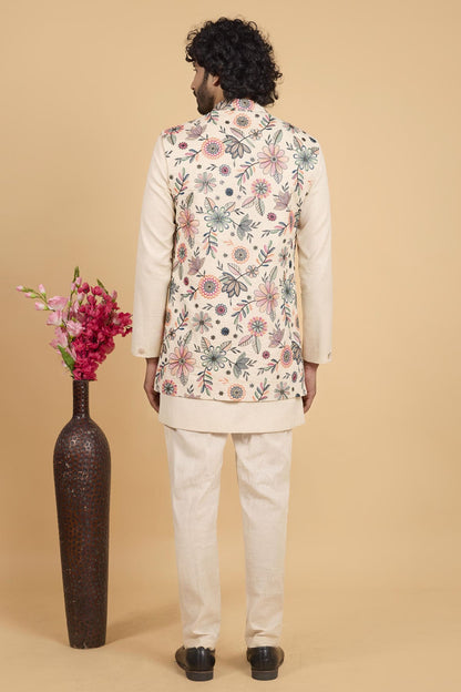 Cream Colour Khadi Art Silk Pintux Work Kurta Pajama With Jacket