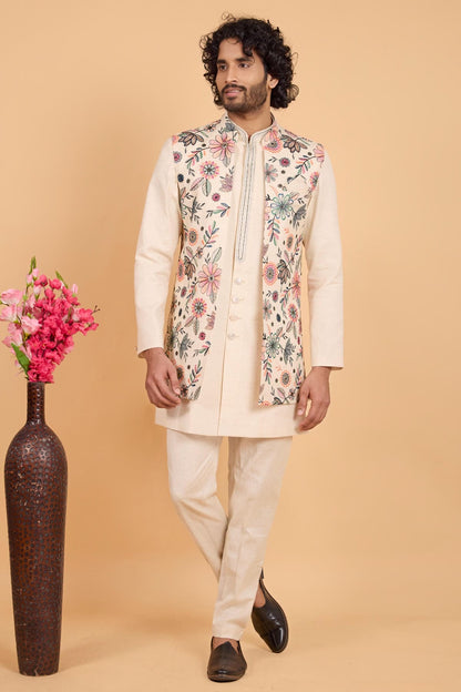 Cream Colour Khadi Art Silk Pintux Work Kurta Pajama With Jacket