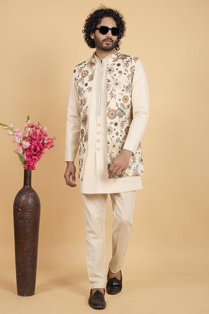 Cream Colour Khadi Art Silk Pintux Work Kurta Pajama With Jacket