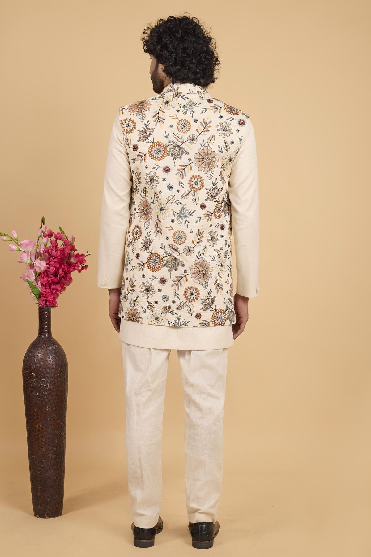 Cream Colour Khadi Art Silk Pintux Work Kurta Pajama With Jacket