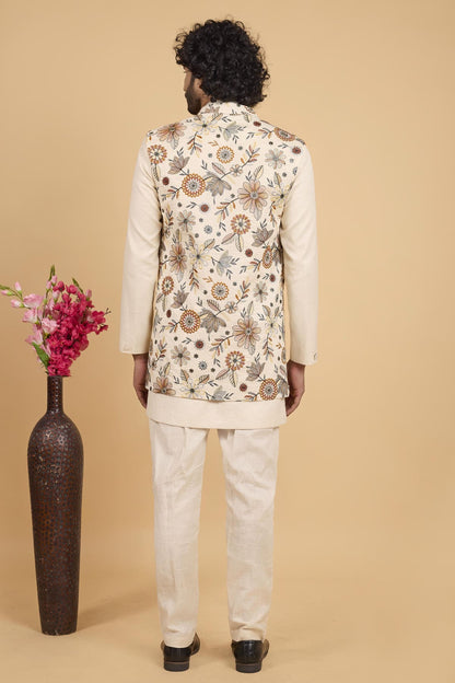 Cream Colour Khadi Art Silk Pintux Work Kurta Pajama With Jacket