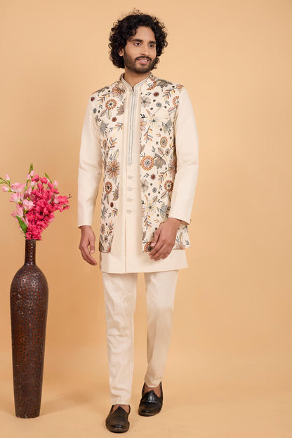 Cream Colour Khadi Art Silk Pintux Work Kurta Pajama With Jacket