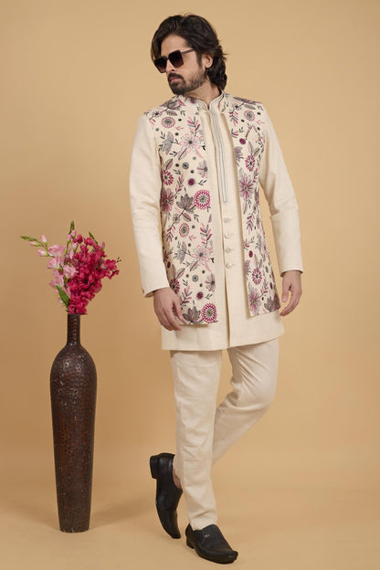 Cream Colour Khadi Art Silk Pintux Work Kurta Pajama With Jacket