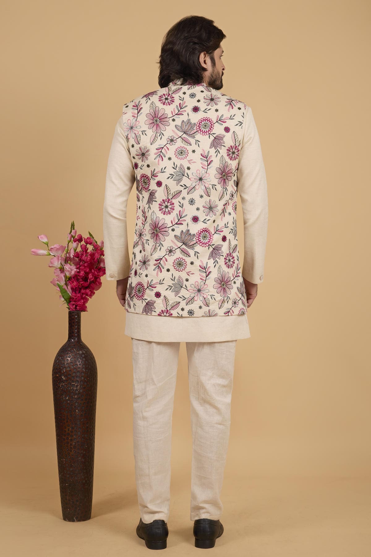 Cream Colour Khadi Art Silk Pintux Work Kurta Pajama With Jacket