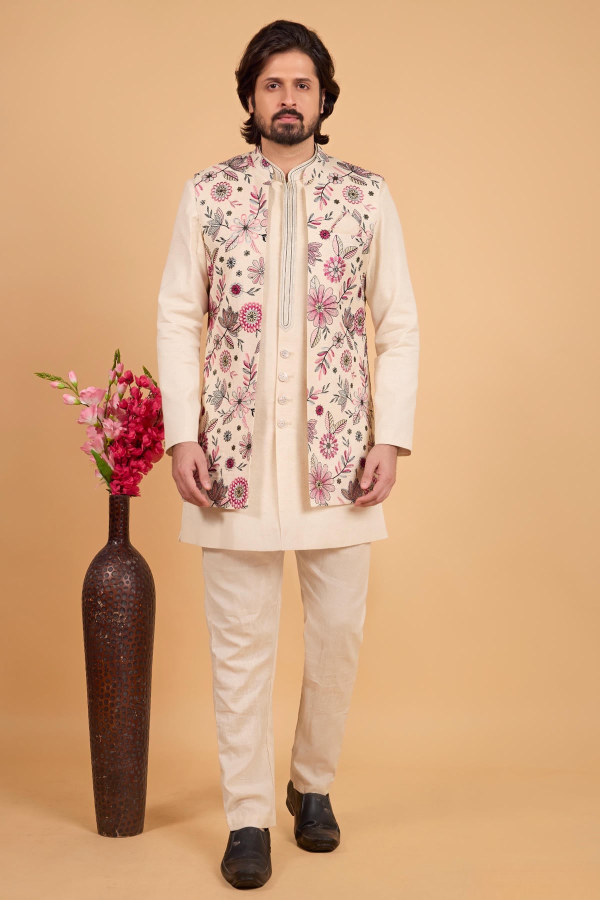 Cream Colour Khadi Art Silk Pintux Work Kurta Pajama With Jacket