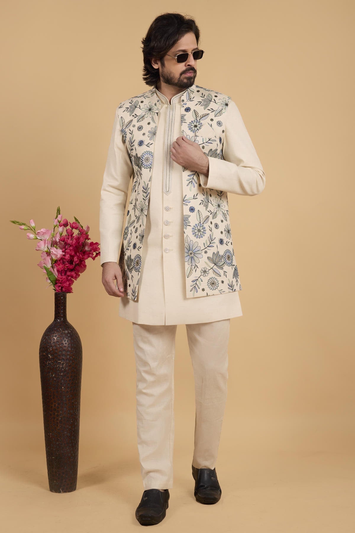 Cream Colour Khadi Art Silk Pintux Work Kurta Pajama With Jacket