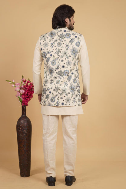 Cream Colour Khadi Art Silk Pintux Work Kurta Pajama With Jacket